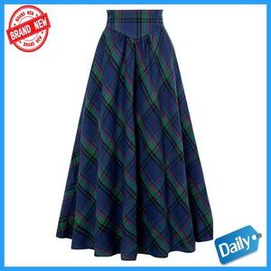 Victorian Maxi Skirt High Waist Elastic Plaid Long A-Line Vintage